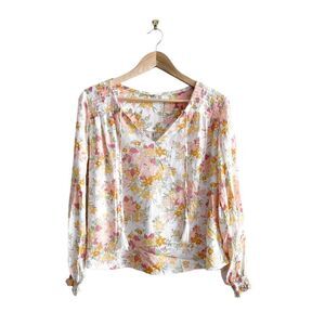 Peasant Blouse Floral Top Gold Threads Elastic Yoke Cuffs Front Tie Women's S